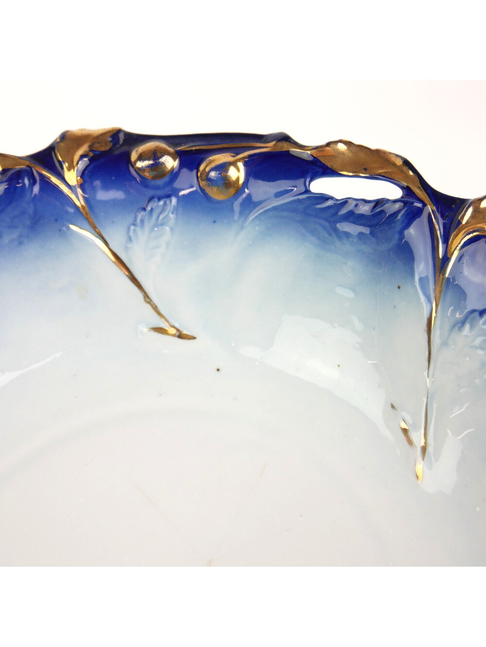 Antique Flow Blue Porcelain Bowl 10.4" Gold Gilt Embossed Cherries Openwork Rim - Picture 10 of 12